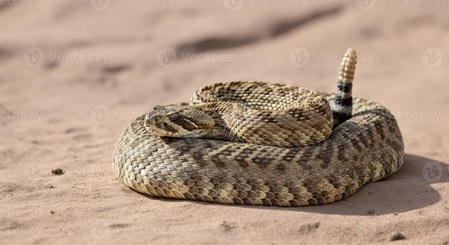 A diamond rattlesnake coiled in the desert
